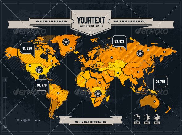 Vector World Map with Grunge and Infographic Elements