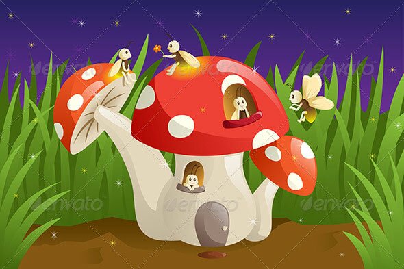 Mushroom-House-with-Fireflies