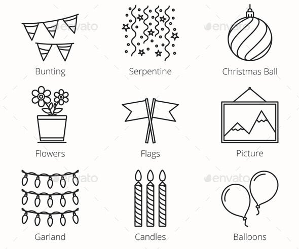 9 Decoration Objects Line Icons