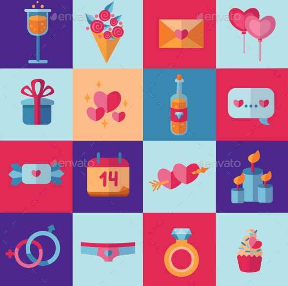 Happy Valentines Day flat icons set