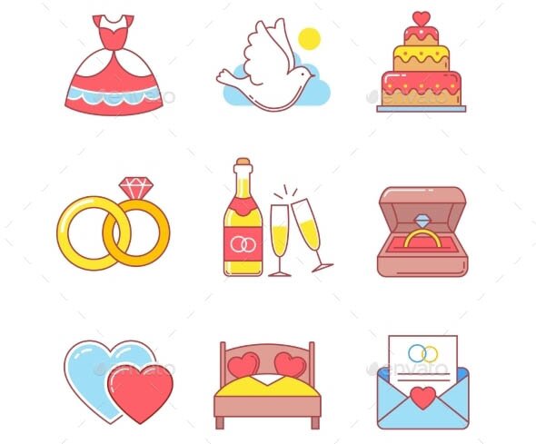 Wedding And Marriage Thin Line Icons Set