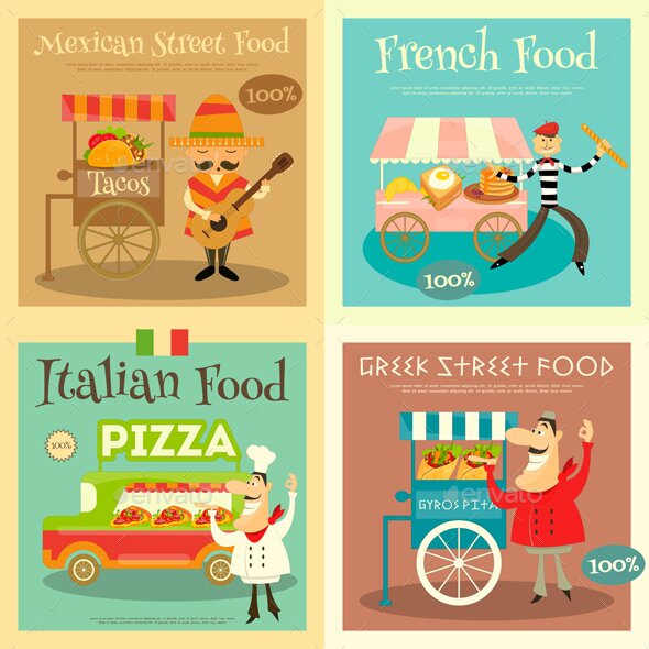 Street Food Festival Posters Set. Sellers and Trucks with Food. Mexican, Italian, Greek, French Cuisine. Vector Illustration.